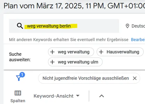Keyword Planner Eingabefeld mit "weg verwaltung berlin"