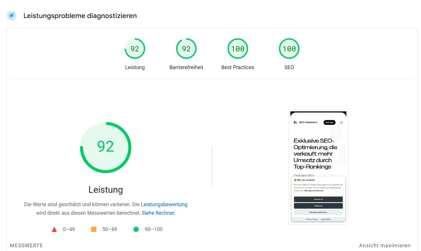 lighthouse score im grünen bereich