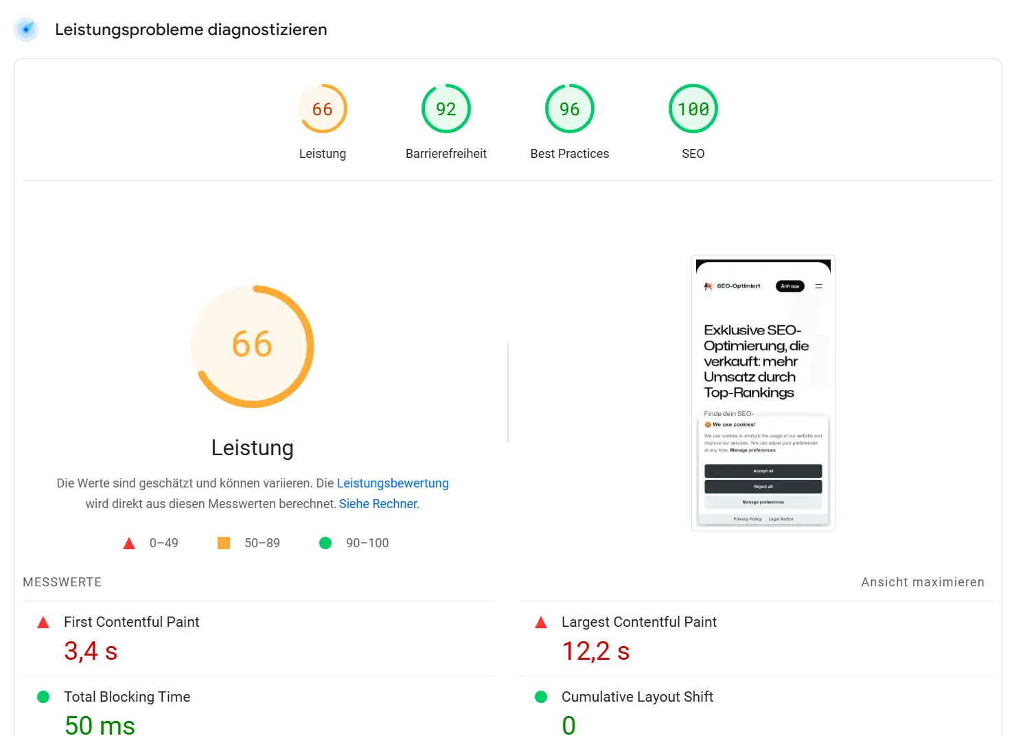 lighthouse mit schlechtem ergebnis für Leistung